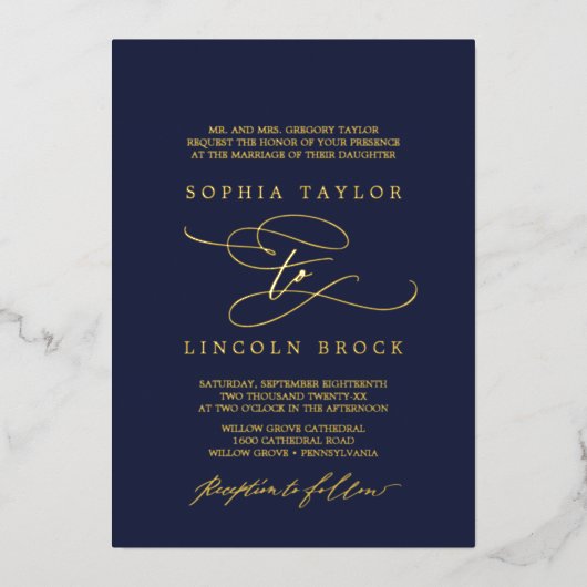 ロマンチックな金箔 |ネイビーフォーマルフラ結婚リッシュ 箔招待状 (正面)