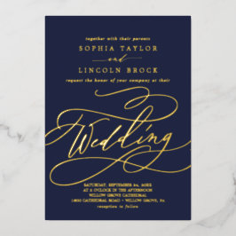 ロマンチックな金箔 |ネイビーブルーフローリッシュ結婚ズ 箔招待状