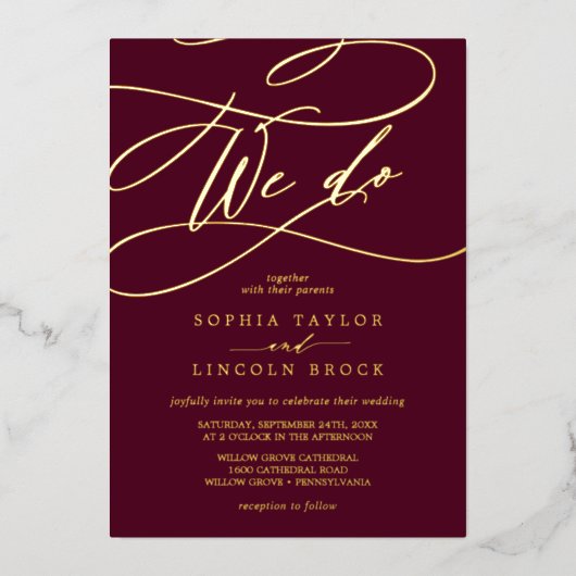 ロマンチックな金箔 | Burgundy結婚 We do's 箔招待状 (正面)