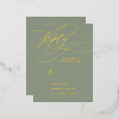 ロマンチックな金箔 | SageグリーンシンプルRSVPカード 箔招待状ポストカード (正面/裏面)