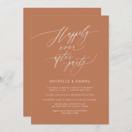 ロマンチックな銅の筆記体、結婚式の秘密の逃避行 招待状 (正面/裏面)