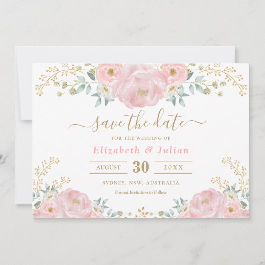 ロマンチックな開花ソフトピンクの金ゴールドフローラ日付を保存 招待状 (正面)