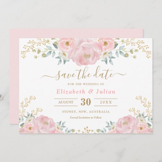 ロマンチックな開花ソフトピンクの金ゴールドフローラ日付を保存 招待状 (正面/裏面)