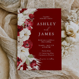ロマンチックな開花：ホワイト&レッドモダンフローラ結婚 招待状