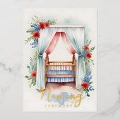 ロマンチックな陽気な寝台命名式金ゴールド 箔招待状 (正面)