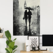 ロマンチックな雨のウォークinロンドン – 木炭スタイル ポスター (ホームオフィス)