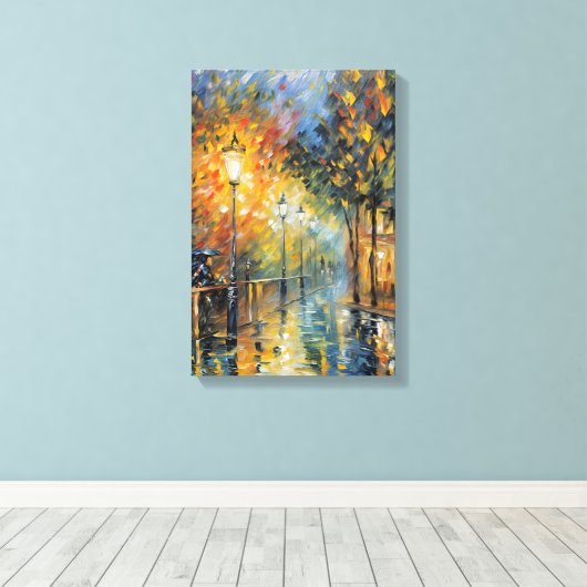ロマンチックな雨の夕べの通り景色 印象派 キャンバスプリント (インサイチュ (ウッドフロア))