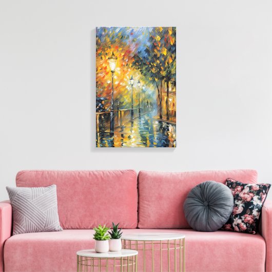 ロマンチックな雨の夕べの通り景色 印象派 キャンバスプリント (インサイチュ (リビング))