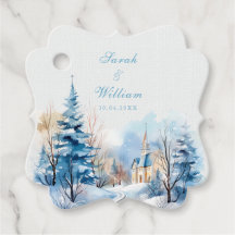 ロマンチックな雪の冬の教会の結婚式の引き出物ラベル