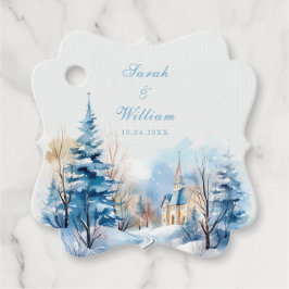 ロマンチックな雪の冬の教会の結婚式の引き出物ラベル フェイバータグ