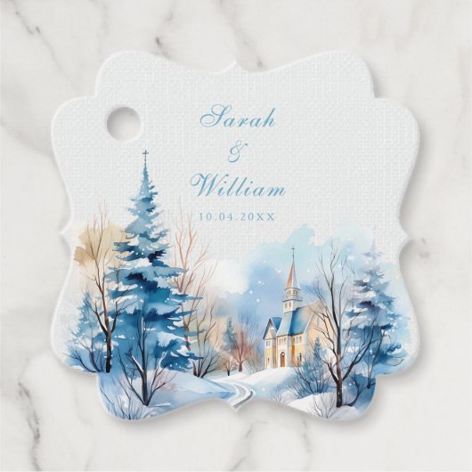 ロマンチックな雪の冬の教会の結婚式の引き出物ラベル フェイバータグ (正面)