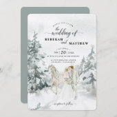 ロマンチックな雪の冬の森の水色 招待状 (正面/裏面)
