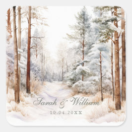 ロマンチックな雪の降る冬の森のウェディング スクエアシール