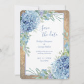 ロマンチックな青あじさいモノグラム日付を保存 招待状 (正面)