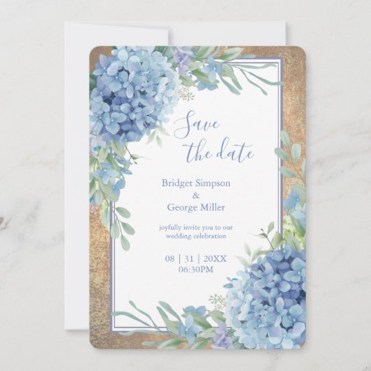 ロマンチックな青あじさいモノグラム日付を保存 招待状 (正面)