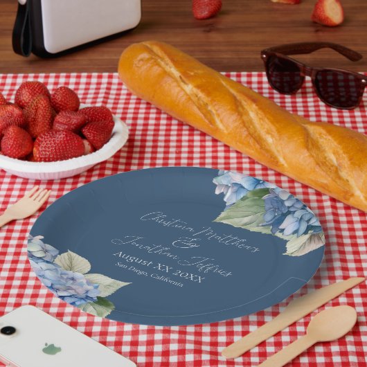 ロマンチックな青い水色あじさい花オンネイビー ペーパープレート (ピクニック)