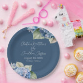 ロマンチックな青い水色あじさい花オンネイビー ペーパープレート (パーティー)