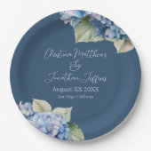 ロマンチックな青い水色あじさい花オンネイビー ペーパープレート (正面)