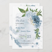 ロマンチックな青い白い花の緑 セーブザデート (正面/裏面)