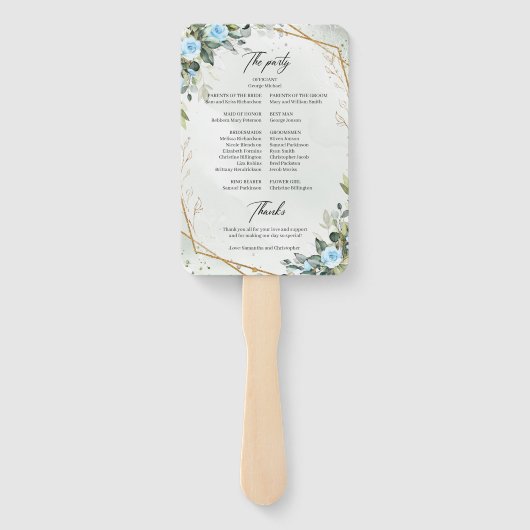 ロマンチックな青い花とユーカリの金ゴールド結婚ズ ハンドファン (裏面)