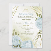 ロマンチックな青い花と緑の葉の誕生日パーティー 招待状 (正面)