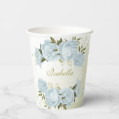 ロマンチックな青い花と緑の葉 紙コップ (裏面)