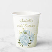 ロマンチックな青い花と緑の葉 紙コップ (裏面)