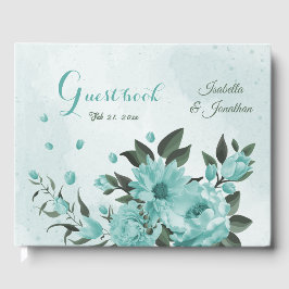 ロマンチックな青い花と葉緑の結婚の花 ゲストブック