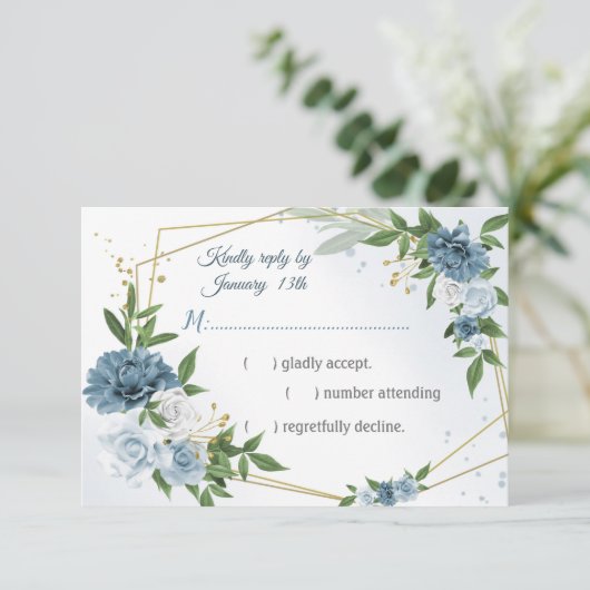 ロマンチックな青い花の緑の幾何学的 出欠カード (スタンド正面)