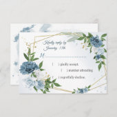 ロマンチックな青い花の緑の幾何学的 出欠カード (正面/裏面)