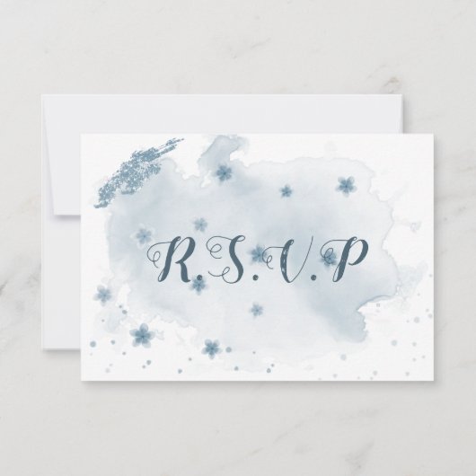 ロマンチックな青い花の緑の植物 出欠カード (裏面)