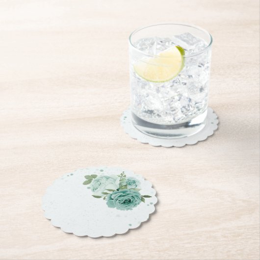 ロマンチックな青い花の緑の紙コースター ペーパーコースター (インサイチュ)