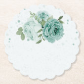 ロマンチックな青い花の緑の紙コースター ペーパーコースター (正面)