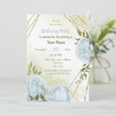 ロマンチックな青い花の緑の誕生日パーティー 招待状 (スタンド正面)