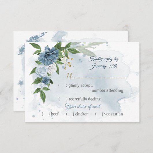 ロマンチックな青い花の緑の食事の選択 出欠カード (正面/裏面)