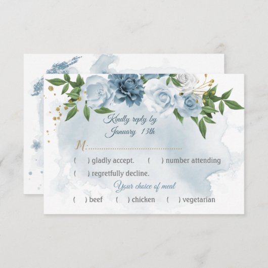 ロマンチックな青い花の緑の食事の選択 出欠カード (正面/裏面)