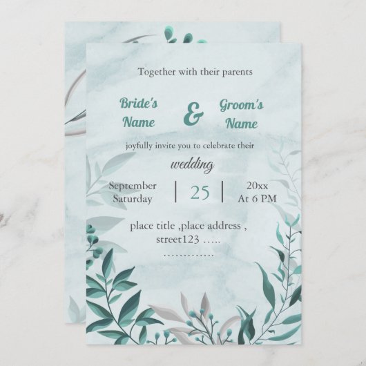 ロマンチックな青い葉の花の結婚式の招待状 招待状 (正面/裏面)