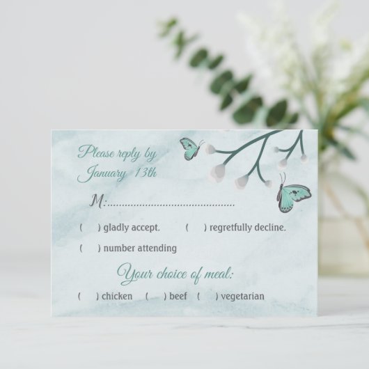 ロマンチックな青い蝶の応答rsvpカード 出欠カード (スタンド正面)