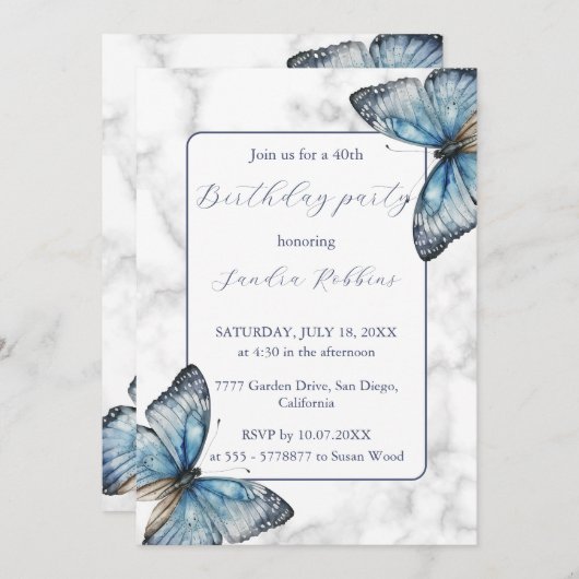 ロマンチックな青い蝶誕生日招待状 招待状 (正面/裏面)