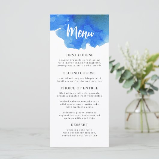 ロマンチックな青の風通しの水の色。シンプル海軍結婚の メニュー (スタンド正面)
