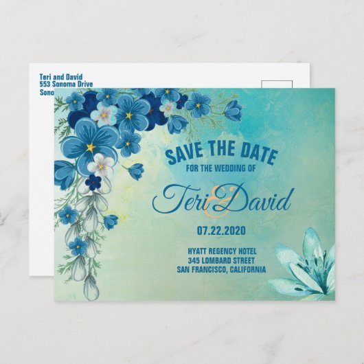 ロマンチックな青/緑のフローラ結婚式の日付を保存 案内ポストカード (正面/裏面)
