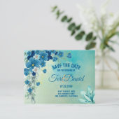 ロマンチックな青/緑のフローラ結婚式の日付を保存 案内ポストカード (スタンド正面)