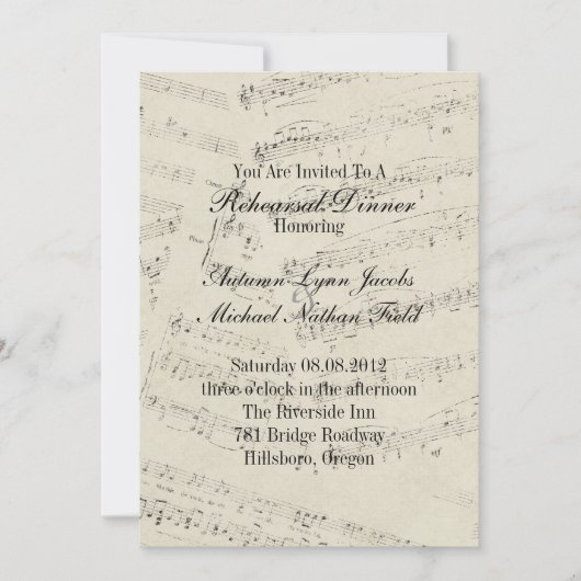 ロマンチックな音楽は結婚式のリハーサルの夕食に注意します 招待状 (正面)