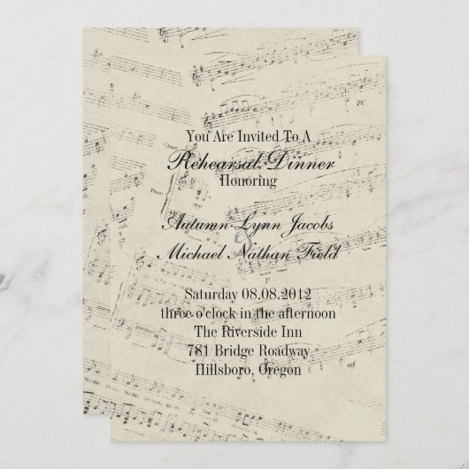 ロマンチックな音楽は結婚式のリハーサルの夕食に注意します 招待状 (正面/裏面)