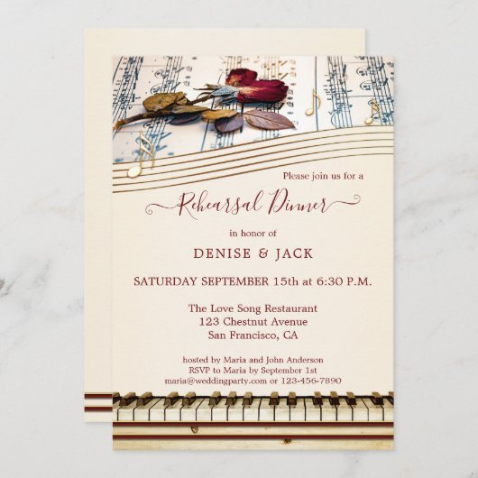 ロマンチックな音楽をテーマにしたリハーサルディナー招待状 招待状 (正面/裏面)