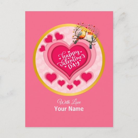 ロマンチックな鳥オンブランチバレンタインデーとハート ポストカード (正面)