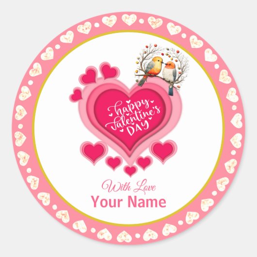 ロマンチックな鳥オンブランチバレンタインデーとハート ラウンドシール (正面)