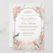 ロマンチックな鳥赤面ピンクフローラムスリム結婚ズ 招待状 (正面)