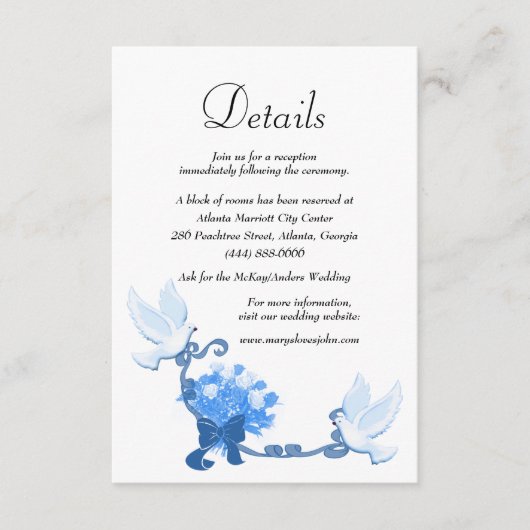 ロマンチックな鳩と青い花結婚の詳細 エンクロージャーカード (正面)