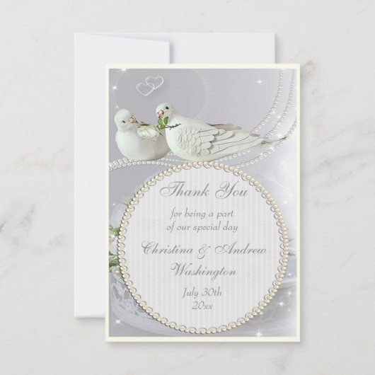 ロマンチックな鳩、輝き及びバラは結婚式感謝していしています サンキューカード (裏面)